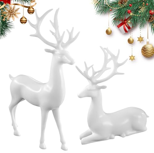 Znnhnn 2 statuette di natalizie a forma di renna, Figura di renna natalizia, per tavolo, vetrinetta, camino, casa, statue di alce festive come decorazione stagionale per casa e feste, bianco