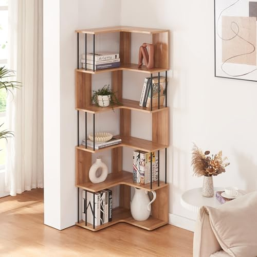 [en.casa] Eckregal Afrel Bücherregal mit 5 Ebenen 160 x 54 x 54 cm offenes Regal Standregal für Wohnzimmer Büro Schlafzimmer Eicheoptik