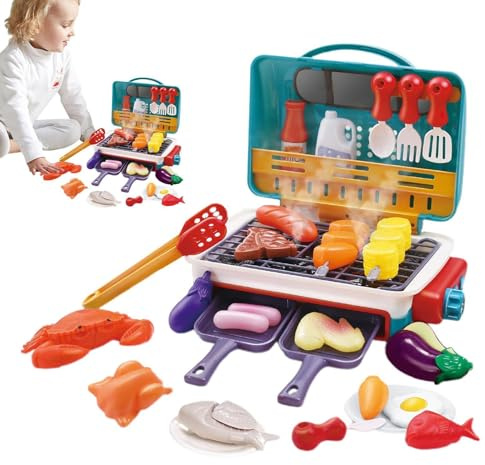 Barbecue Toy Kids Kitchen Accessories - Grill Set Simulation with Sound and Food Changing Color | Small Chef Team Symbolic Game