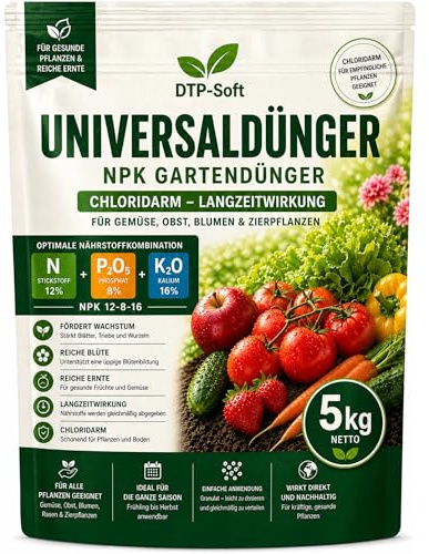 Universaldünger NPK 5kg - chloridarmer Gartendünger für Gemüse, Obst, Blumen und Zierpflanzen - Langzeitdünger für Garten, Hochbeet, Balkon und Gewächshaus - Pflanzen Dünger Granulat TOP