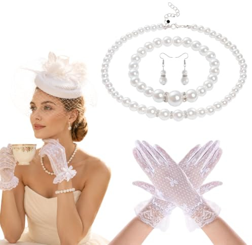 Domefahaso 5Pcs Ladies Tea Party Hat Gloves Pearl Jewelry Kit | Vintage elegant suit including hat gloves jewelry for afternoon tea garden party dressing