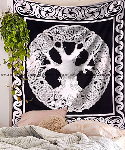 Sophia-Art Schwarz & Weiß Keltischer Baum des Lebens Tapisserie Baum des Lebens Hippie Tapisserie Wandbehang Baumwolle Tagesdecke Betttuch Cover Bohemian Boho Decke