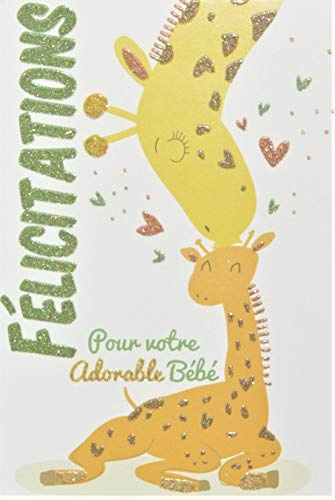 66-1159 Carte avec Paillettes Félicitations aux Parents - Bienvenue Bébé Garçon - Fille Papa - Maman Girafe Animaux Cœurs Mignon - Fabriquée en France