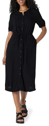 Amazon Essentials Women's Relaxed Fit Half-Sleeve Waisted Midi Shirt Dress, Black, L