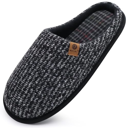 ONCAI Mens Slippers Black Knit Stripes Memory Foam Mule Slippers Slip On Warm House Indoor/Outdoor Shoes With Anti-skid Sole Size 9