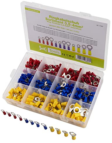 SeKi 17403 0,5–4 mm delar ringkabelsko sortiment isolerat 360 stycken 0,5–6,0 mm² M4/M5/M6/M8 kabelskor, klämkontakt set enligt DIN färgmarkerad, blandade