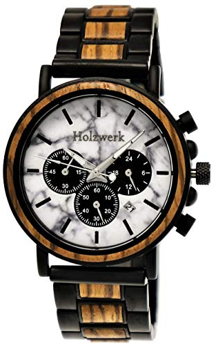 Holzwerk Germany Handgefertigte Designer Herren-Uhr Öko Natur Holz-Uhr Chronograph Armband-Uhr Analog Quarz-Uhr Braun Weiß Schwarz Marmor Stein Datum Holz Ziffernblatt (Braun.Marmor.Weiß)