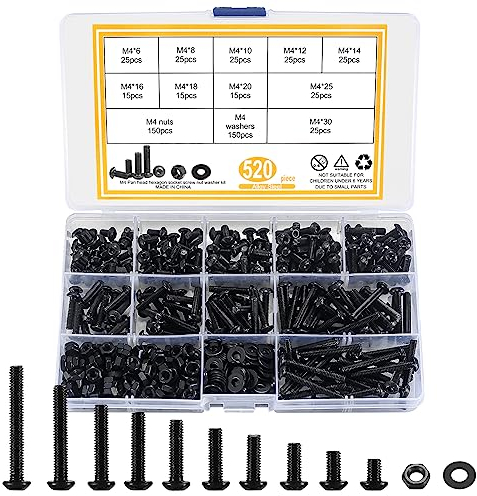 Set de Tornillos y Tuercas M4, 411 Piezas de Acero Aleado con Arandelas, Negro, Tornillos de Cabeza de Lente y Máquina Roscada