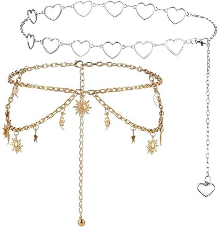 BXYIIGRU 2 Stück Doppelschichtiger Damen Metallkettengürtel, Mondstern Verstellbare Taillenkette Kettengürtel Silber Gold Taillenkette Gürtel Damen aus Metall für Verschiedene Kleidung und Hosen