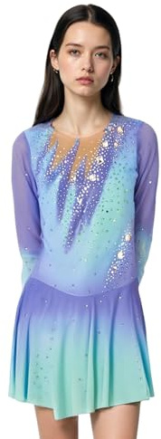LIUHUO Robe de Patinage Artistique élégante pour Filles et Femmes avec Jupe de Danse sur Glace dégradé Bleu, Bleu