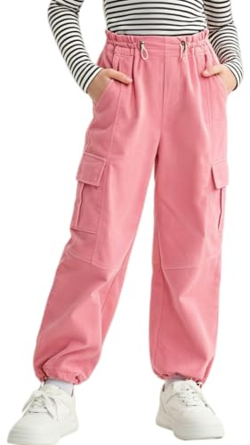 Rolanko Pantalon Cargo Fille avec Ceinture Réglable Taille Haute Élastiquée en Velours Côtelé Jogging Pantalon de Danse Hip Hop pour Enfants, Rose, Taille: 13-15 Ans/170