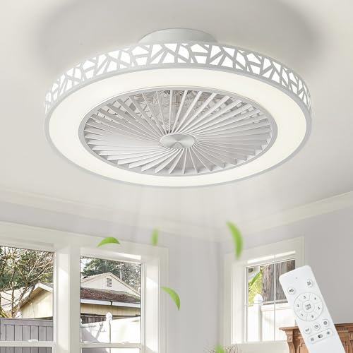 Ceiling Fans with Lights and Remote 48cm Modern White Iron Low Profile Reversible Bladeless 6 Speeds Quiet Ceiling Fans with Lamps Dimmable LED Flush Mount Ceiling Fan Light Timer for Bedroom, Kitchen