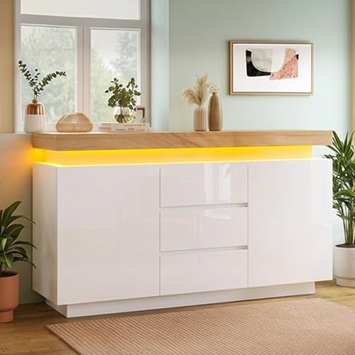 Jaxenor White High Gloss Sideboard with LED Lights, App-Controlled Cabinet with 2 Doors 3 Drawers, Modern Storage Unit for Living Room, Bedroom, Dining Room