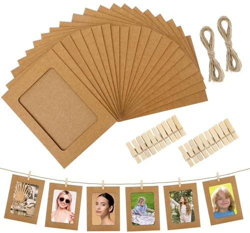 20 Pezzi Cornici Foto in Carta Kraft con Clip Legno - Set Cornici Portafoto 15x10 cm (6x4) con Corda Canapa - Per Parete, Casa, Scuola e Ufficio - Decorazione Sospesa DIY (Marrone)
