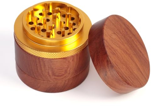 Grinder in legno 2,3 (φ 60 mm)- Spezie Erbe Grinder in Allumin+legno -4 Pezzi,Tritino in Metallo, Polline Macina -Macinino Spezie Grande,con Coperchio magnetico,Raccoglitore di polline (oro noce)
