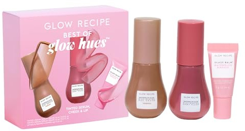 Glow Recipe Best of Glow Hues Kit - Travel Size Hue Drops Sun Glow, Full Size Dewy Flush Blush & Travel Size Glass Balm Lip Treatment (3 Count)