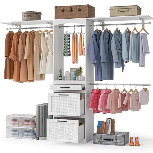 Walk in Closet Organizer System - with Drawers, 8FT Walk in Closets Organizer with Jewelry Box, 96” Wooden Storage Systems with 3 Hanging Pods, Built-in Garment Rack for Bedroom