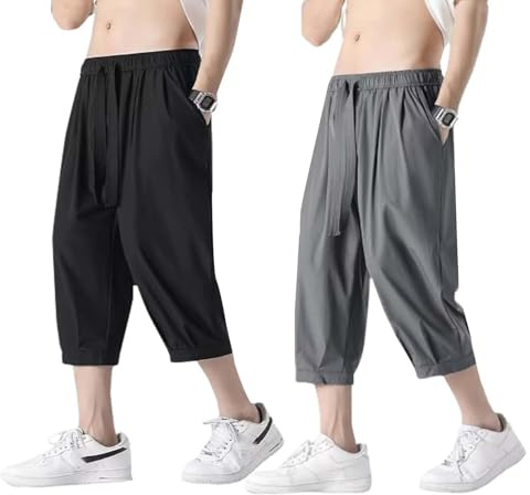 Lymio Shorts för män || trekvartsbyxor för män || avslappnade 3/4 bomullsshorts (shorts 46–49), svart-grå, XL