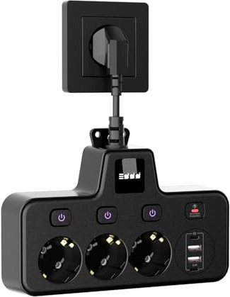 Grenuttag 3-vägs med 2 USB A och 2 typ-C snabbladdningsportar, flera uttag med enkelbrytare och pekskärm nattlampa (3 ljusstyrkenivåer) för kontor hem resor. Svart