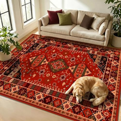 WUTONG Rosso Tappeto Salotto Lavabile in Lavatrice 100x150 cm,Tappeto Vintage Orientali Antiscivolo,Tappeti a Pelo Corto Soffice per Cameretta e Studio