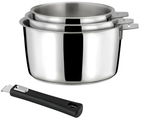 CUISINOX - Malice - 3 kastruller 16/18/20 cm (1,5 L, 2L, 3 l) helt rostfritt stål med svart handtag - sandwichbotten - kompatibel med alla brännare - 18/10 rostfritt stål - glänsande finish