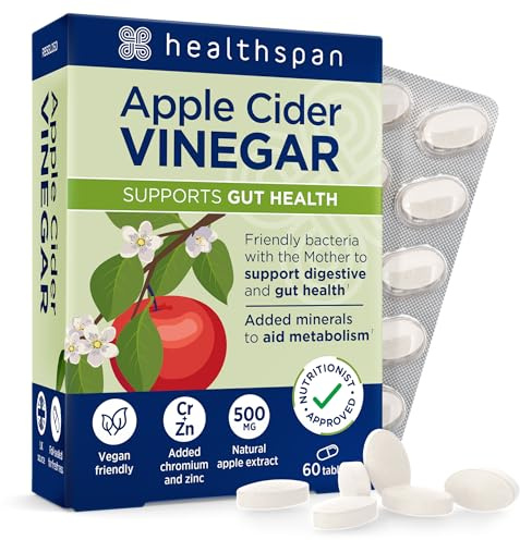 Healthspan Apple Cider Vinegar 500mg | Friendly Bacteria | Metabolism Support | Added Zinc & Chromium | Vegan (60 Tablets)