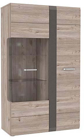 FORTE Locarno Vitrine mit 1 Tür und 1 Glastür, Holzwerkstoff, Nelson Eiche kombiniert mit Grau Matt, 94,9 x 158,5 x 41,1 cm