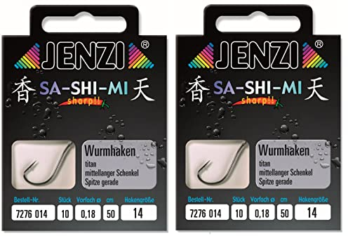Set # 2 Packungen (20 Stück) Wurmhaken von Jenzi, fertig gebunden, Hakengrößen 2 4 5 6 8 10 12 14, 50 cm +gratis Petri Heil! Aufkleber (Hakengröße 8)