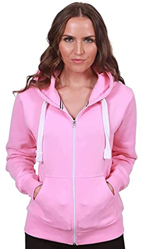 Purple Hanger New Womens Front Zip Up Hoodie Ladies Long Sleeve Plain Sweatshirt Fleece Hoody Hooded Jacket (L, Baby Pink)