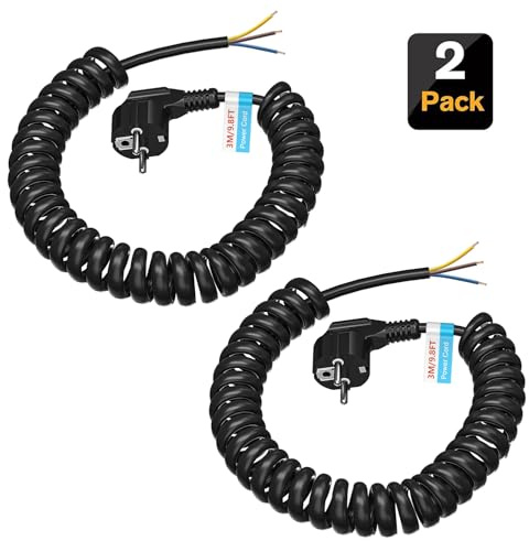 KEAGAR Prolunga a spirale con contatto di protezione, 250 V/16 A, cavo a spirale a 3 fili, estensibile da 0,75 m a 3 m, cavo di prolunga con spina di protezione, IP20 per interni – nero
