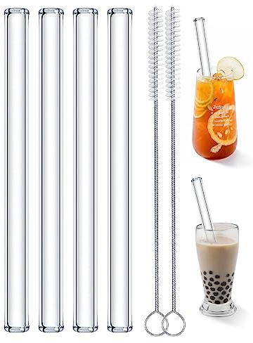 Realure 4 Pcs Reusable Glass Clear Boba Straws, 14mm x 215mm Long Extra Wide Drinking Smoothie & Bubble Tea Straws