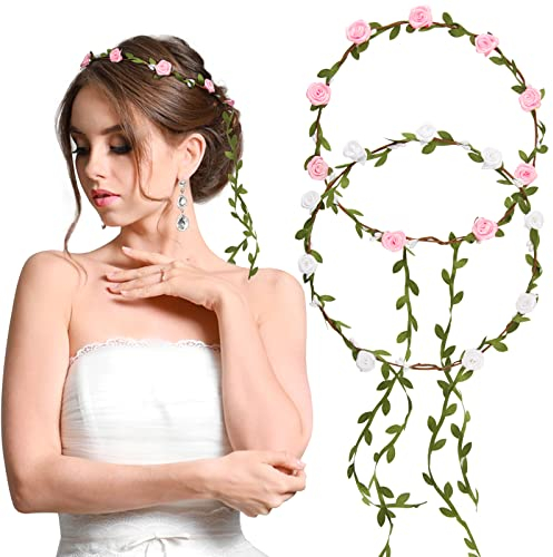 BETESSIN 2Pcs Blumenkranz Haare Blumenkrone Damen Mädchen Boho Blumen Haarband Braut Rosen Haarreif Stirnband mit Blättern Hochzeit Party Kommunion Geburtstag Kopfschmuck Weiß Rosa