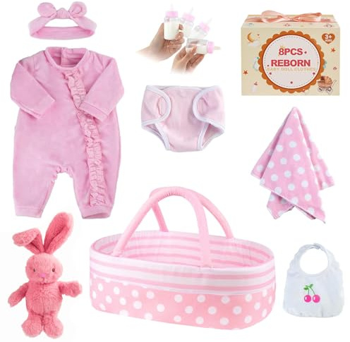 BABESIDE Vestiti per Rinato Bambino Bambole da 8 Pezzi con Culla Adatto a Bambole da 17-22 Pollici, Vestiti per Bambole, Accessori di Abbigliamento (rosa)