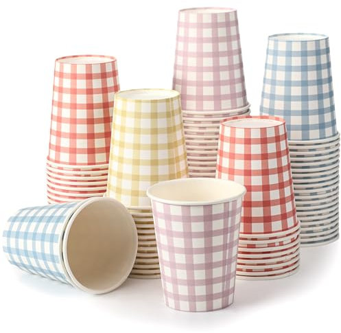 Tioncy 100 Pieces 9 oz Gingham Disposable Paper Cups Drinking Paper Cups Coffee Checkered Birthday Cup Gingham Hot Cold Beverage Drinking Cup for Holiday Picnic Travel Birthday Party, 4 Colors