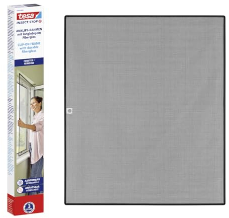 tesa Insect Stop Clip On - Fliegengitter zum Einklicken in PVC-Fenster - zuschneidbarer Rahmen, Netz aus langlebigem Fiberglas, Selbstklebende Halte-Klips - 1,2 x 1,4 m - Anthrazit