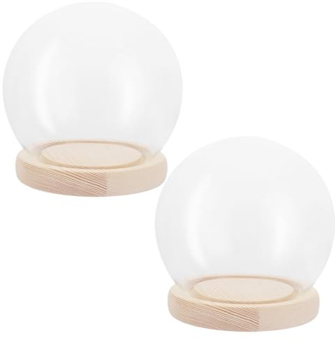 SHUESS 2 campanas de cristal con suelo de madera, cúpula de cristal de 12 cm de alto, cúpula decorativa de cristal, cúpula de cristal transparente para luces, decoración, accesorios para el hogar