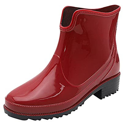SRTUMEY Botas de agua de goma para mujer, de media pantorrilla, con hebilla, de tacón bajo, redondas, para lluvia, para mujer, Red, 37.5 EU
