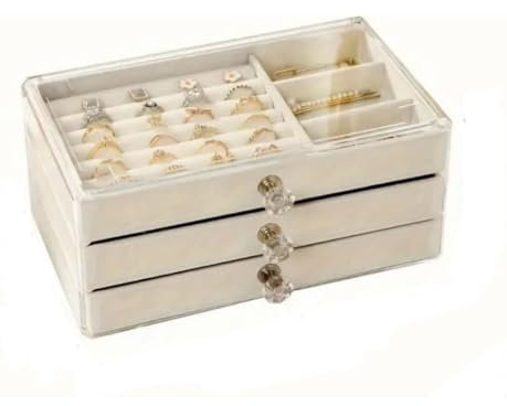 HealthyMoov Organisateur bijoux coffret bijoux tiroir de rangement velours 3 niveaux pour ranger colliers chaînes pendentifs boucles d'oreilles bagues boîte acrylique transparent plastique léger Beige