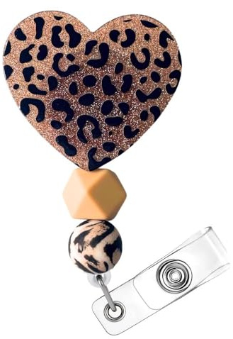 Cheetah Leopard Heart Badge Reel Holder ID Name Retractable Clip Lanyard with Cute Beaded Print Bengals Zoo Keeper Glitter Bling for Nurse Nurses CNA CMA Nursing Healthcare Golden Supplies