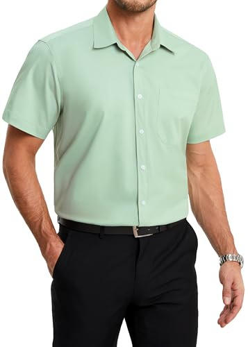 HISDERN Chemise Homme Manches Courtes Été Décontractée Chemises Verte en Fibre de Bambou Costume Homme Business Chemisette Formel Régulières pour Les Mariage 2XL