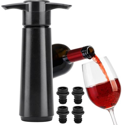 Wine Saver Vacuum Pump with 4 Stoppers, Wine Stopper Vacuum, Wine Preserver for Keep Wine Fresh, Reusable Wine Pump & 4 Wine Bottle Stoppers Set, for Wine Accessories Gift