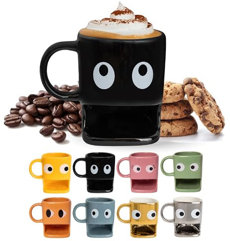 Fisura – Taza original para regalar “ojos”. Taza con soporte para galletas negra. Taza de cerámica con hueco para galletas. Taza con capacidad de 240 ml.