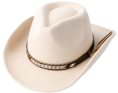 Sombrero de vaquero West de fieltro de borde ancho, sombrero de vaquera, sombrero de vaquera, sombrero de ala ancha para hombre (beige), blanco, M