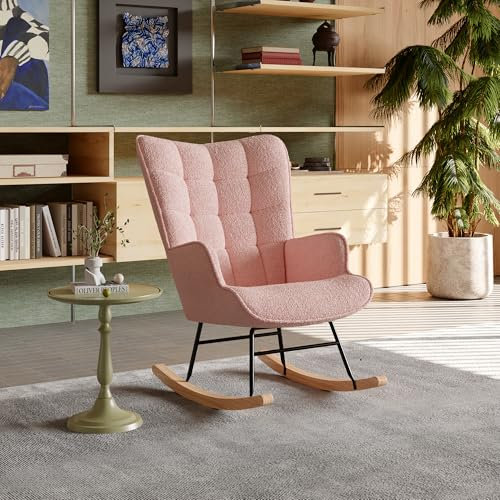 Julyue Sedia a Dondolo da Interno, Poltrona Imbottita Relax con Braccioli e Schienale Alto, Poltrona Soggiorno Moderna, Sedia Allattamento per soggiorno camera da letto balcone (Rosa)