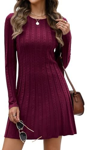 Hotouch Abito in maglia da donna elegante, maglione lavorato a maglia a maniche lunghe, pullover invernale a girocollo, abito a tubino, a linea, midi, da cocktail, Colore: rosso, S