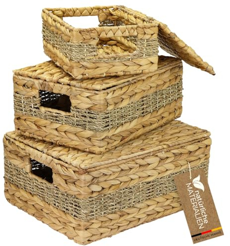 HMF Juego de 3 cestas de almacenamiento con tapa, cesta trenzada de jacinto de agua y algas marinas, tamaño pequeño, mediano y grande