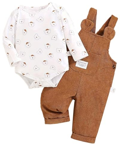 LUVCES Completo Autunnale Vestiti Set di Pantaloni a Bretelle per Neonati Ragazzi Tutina Top a Righe a Maniche Lunghe + Cartoni Animati Salopette Primavera Abbigliamento 2Pcs Orso Caramello 12-18 Mesi