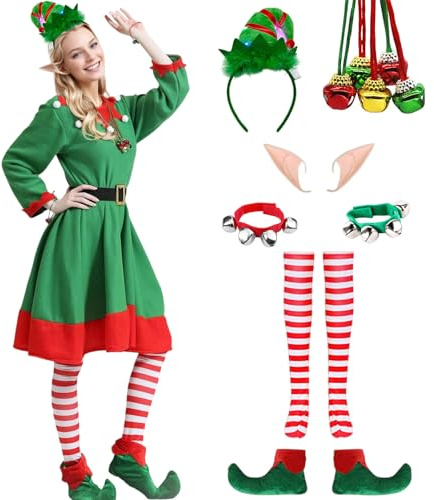 Crittygo Christmas Elf Costume for Womens, 8Pcs Santa Helper Costume Set with Elf Hat Shoes Socks Bell Bracelet Necklace, Elf Cosplay Christmas Costume
