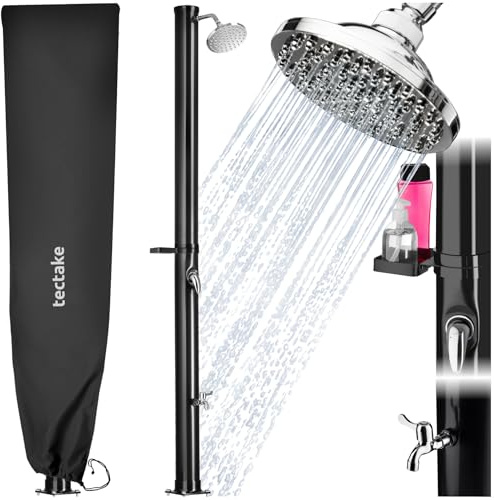 tectake® Soldusch med soluppvärmd utomhusdusch med tank, 360° regnduschhuvud, steglös blandare, fotdusch & skyddshölje - utomhusdusch för pool & trädgård, med tvålkopp - Svart
