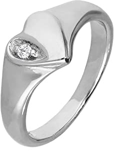 Sterling Silver & Clear CZ Crystal Engraved Heart Childs Signet Ring Size G